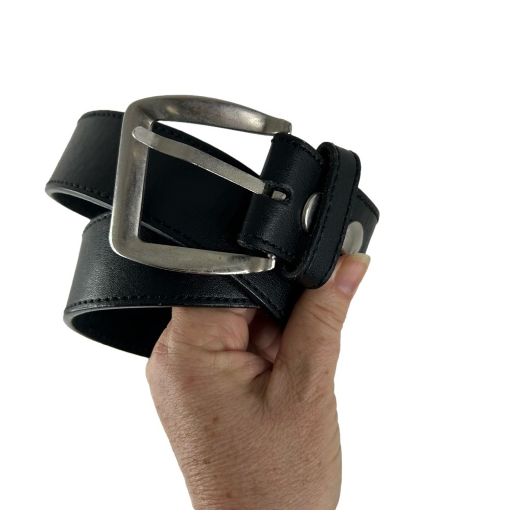 Men’s Black Italian Leather Belt Size 34” Silver Tone Buckle